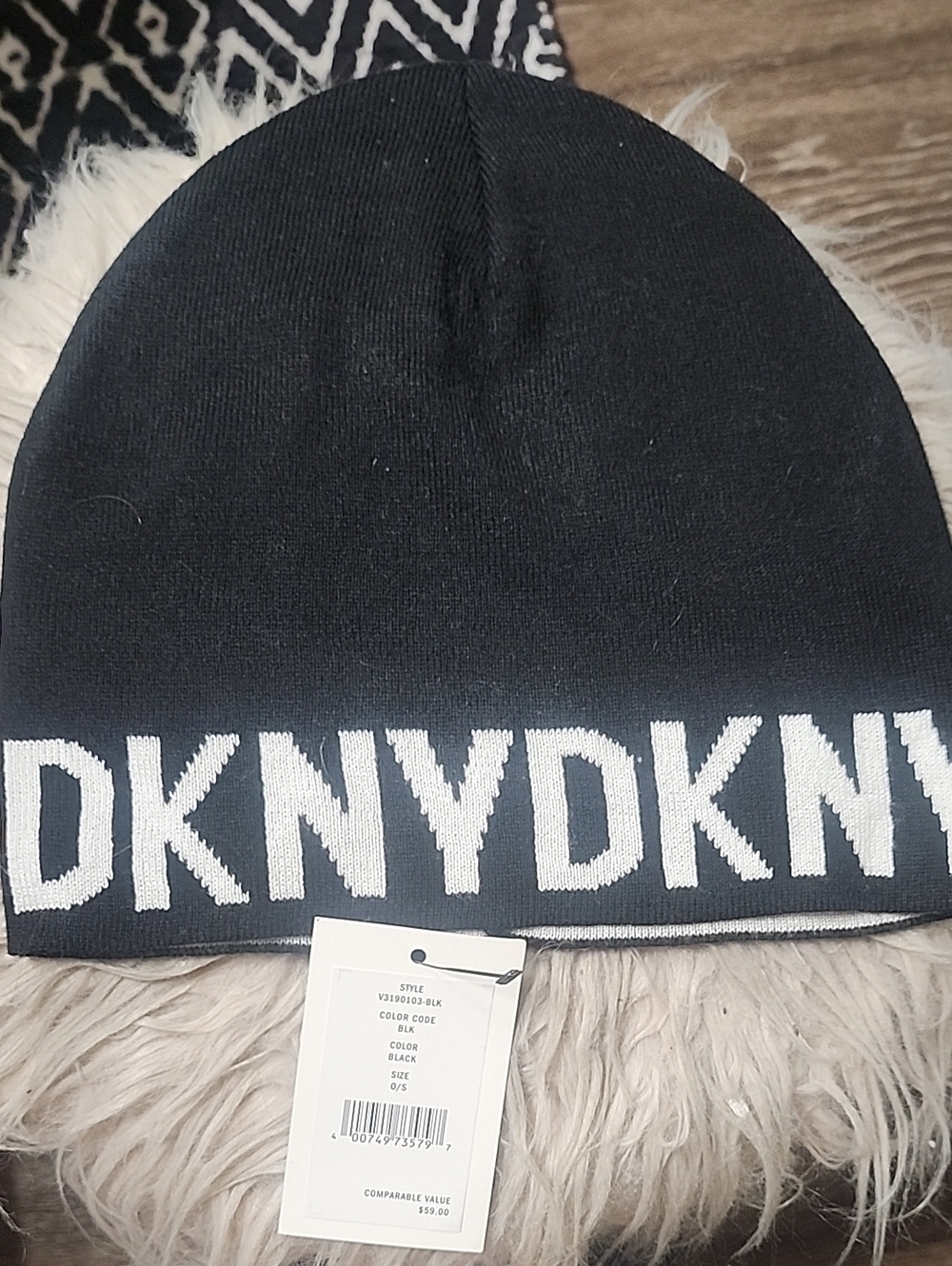 DKNY Women's Black and White Logo Knit Beanie